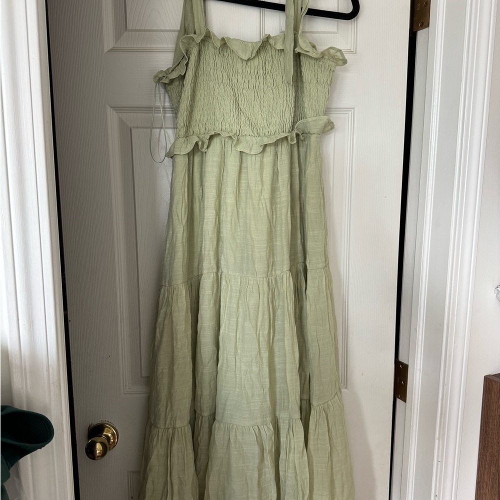 Carly Jean Los Angeles Sage Green Smocked Ruffle Maxi Dress